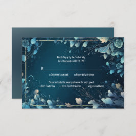 ダークアクアマリンとティール(緑がかった色)ブルーフローラ結婚ズ 出欠カード