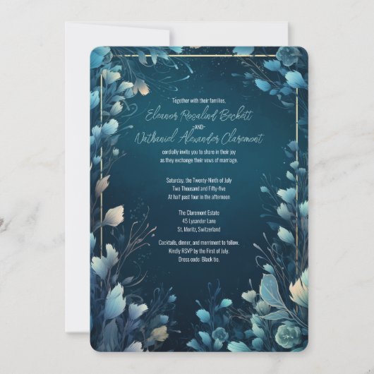 ダークアクアマリンとティール（緑がかった色）ブルーフローラ結婚ズ 招待状 (正面)