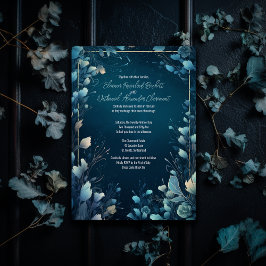 ダークアクアマリンとティール(緑がかった色)ブルーフローラ結婚ズ 招待状