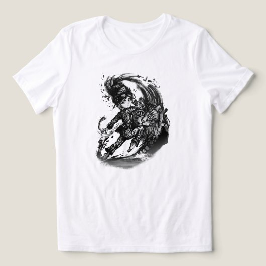 ダークアニメの少女と巨大な猫のアート トライブレンドTシャツ (デザイン正面)