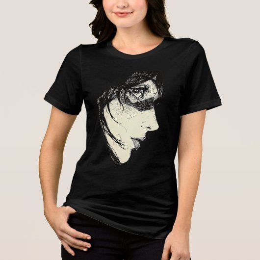 ダークアニメの横顔 | 黒と白の漫画インク トライブレンドTシャツ (正面)