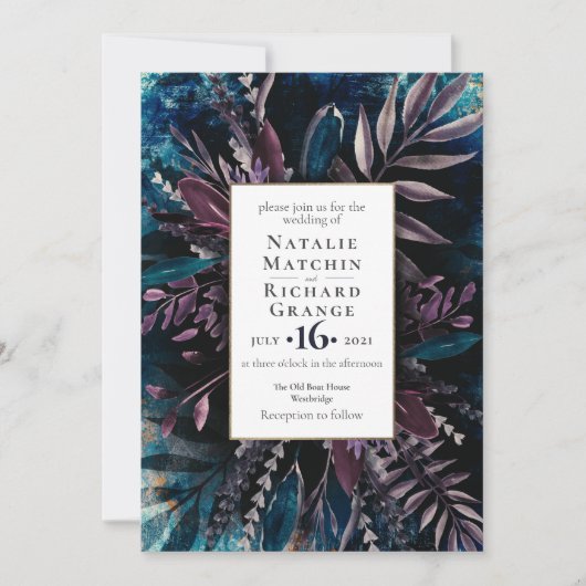 ダークアンドムーディー結婚式招待状ブルー 招待状 (正面)