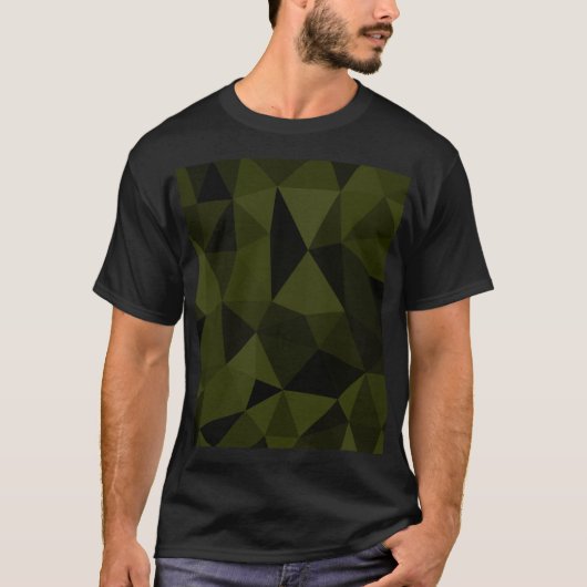 ダークアーミーグリーンの黒い幾何学メッシュパターンがクール Tシャツ (正面)
