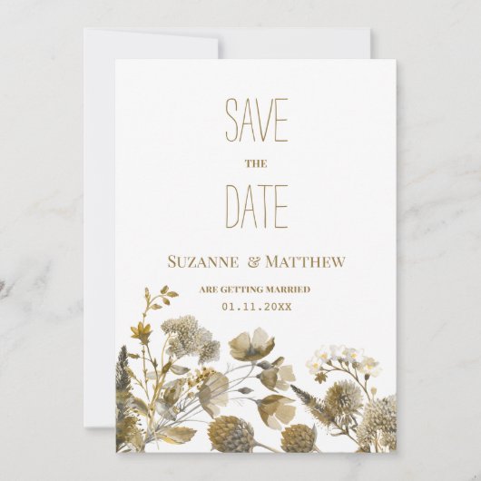 ダークイエローアイボリーホワイトブラウンフローラ日付を保存 招待状 (正面)