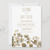 ダークイエロー アイボリー ホワイト ブラウン 花のウェディング 招待状 (正面)