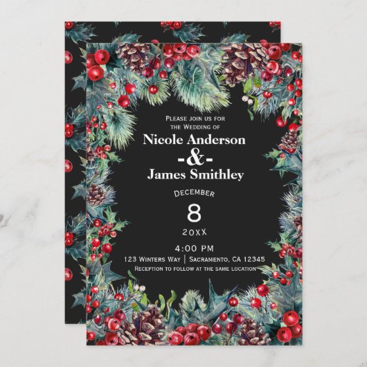 ダークウィンターウェディングホリデーベリー&パインコーン 招待状 (正面/裏面)