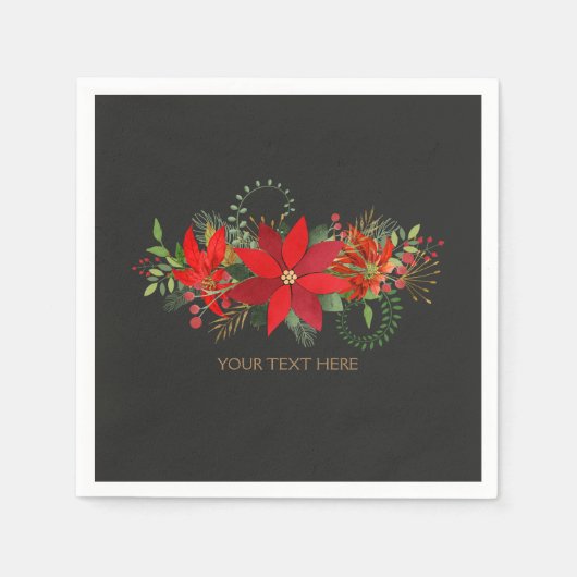 ダークウィンターウェディングレッドポインセティアホリデーパーティー スタンダードカクテルナプキン (正面)