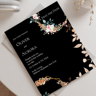 ダークウォーターカラーの花の結婚式 Save the Date 招待状