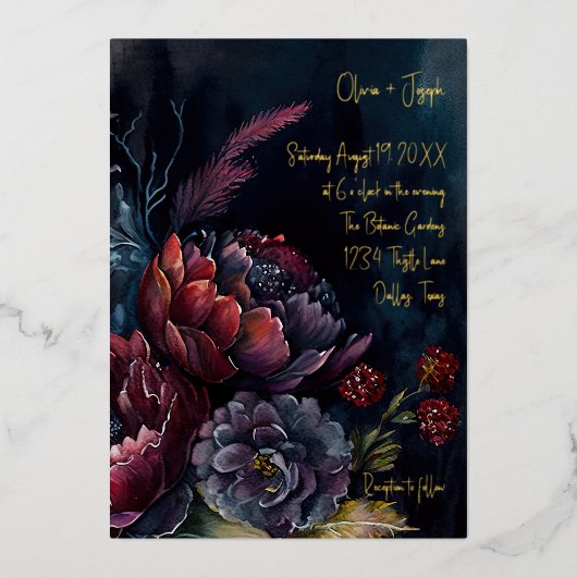 ダークウォーター色ムーディフローラ結婚ズ 箔招待状 (正面)