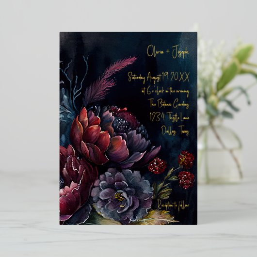 ダークウォーター色ムーディフローラ結婚ズ 箔招待状 (立ち正面)