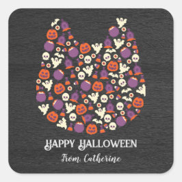 ダークウッドかわいい犬の猫のハローウィンパーティ招待状 スクエアシール