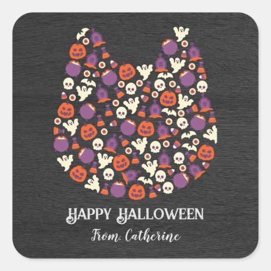 ダークウッドかわいい犬の猫のハローウィンパーティ招待状 スクエアシール (正面)