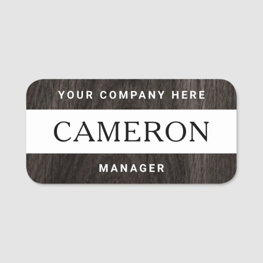 ダークウッドの木目の白の名前、タイトルと会社 名札 (正面)