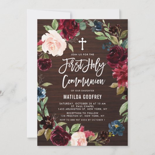 ダークウッドブルゴーニュフローラリースファーストコミュニオン 招待状 (正面)
