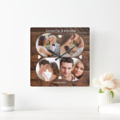 ダークウッド4フォトコラージュ結婚の記念日 スクエア壁時計 (ホーム)