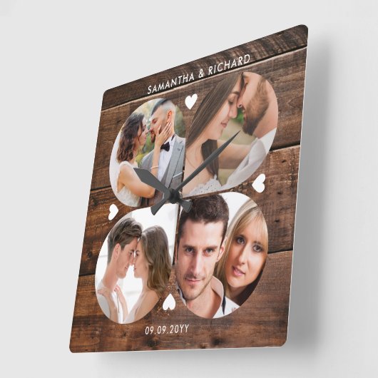 ダークウッド4フォトコラージュ結婚の記念日 スクエア壁時計 (傾斜)