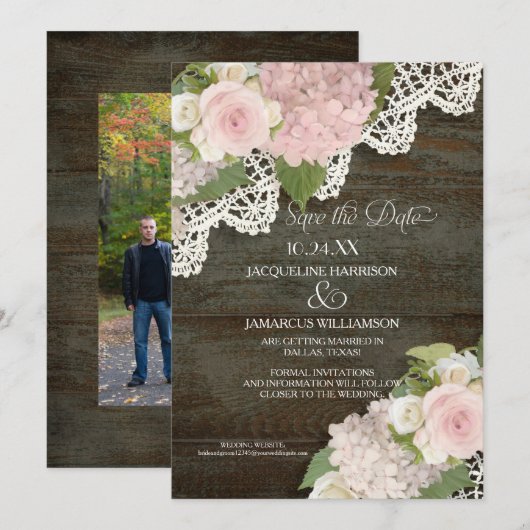 ダークウッド セーブ・ザ・デート フォト ラック ピンク ハイドランジア 招待状 (正面/裏面)