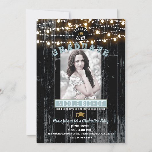 ダークウッド&ライトフォト素朴卒業式パーティー 招待状 (正面)