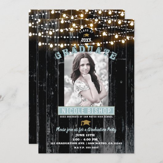 ダークウッド&ライトフォト素朴卒業式パーティー 招待状 (正面/裏面)