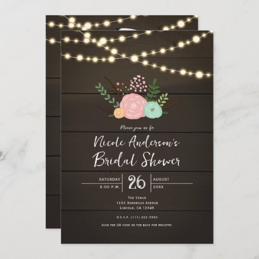 ダークウッド&素朴フローラブライダルシャワー招待 招待状 (正面/裏面)