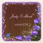 ダークウ素朴ィードパープルフローラバタフライ結婚ズ スクエアペーパーコースター (正面)