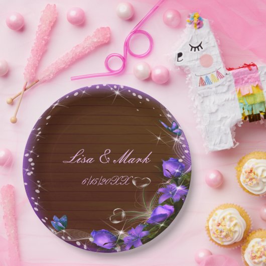 ダークウ素朴ィードパープルフローラバタフライ結婚ズ ペーパープレート (パーティー)