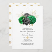 ダークエメラルドと金ゴールドフローラカップルのシャワー 招待状 (正面/裏面)