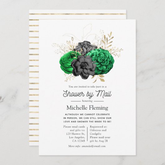 ダークエメラルドと金ゴールドフローラブライダルシャワーバイメール 招待状 (正面/裏面)