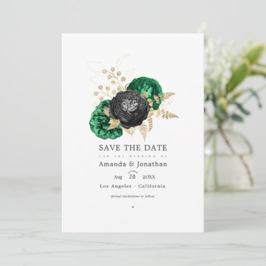 ダークエメラルドと金ゴールドフローラ結婚式の日付を保存 セーブザデート (スタンド正面)