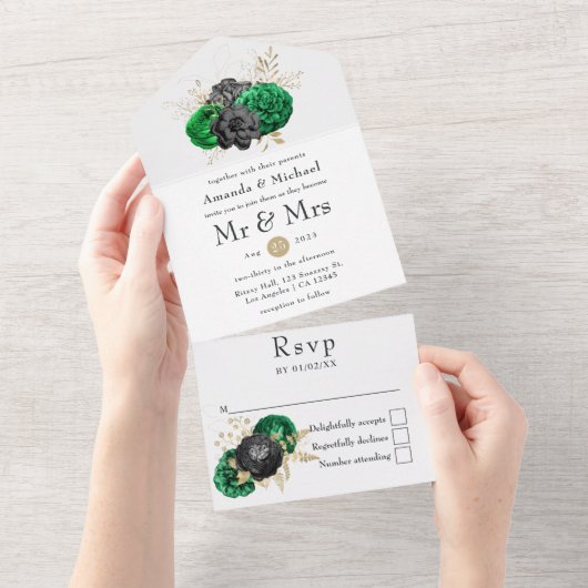ダークエメラルドと金ゴールド結婚フローラが一体となって オールインワン招待状 (貼ってはがせる)