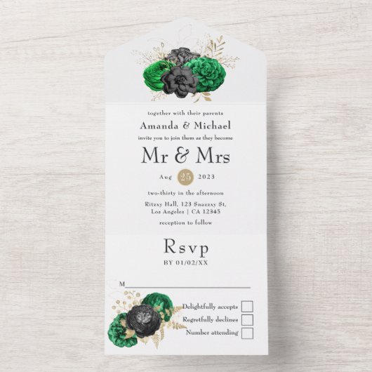 ダークエメラルドと金ゴールド結婚フローラが一体となって オールインワン招待状 (内側)