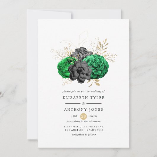 ダークエメラルドと金ゴールド結婚フローラ 招待状 (正面)