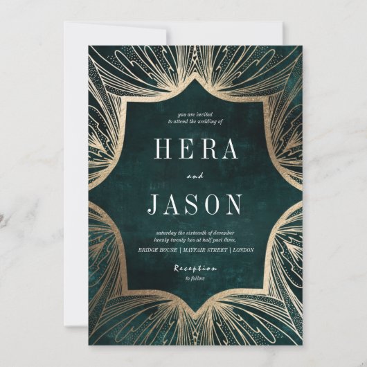 ダークエメラルドグリーンとフェイク金ゴールドアールヌーボー 招待状 (正面)