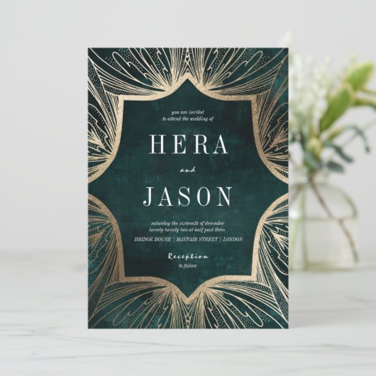 ダークエメラルドグリーンとフェイク金ゴールドアールヌーボー 招待状 (スタンド正面)