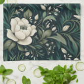 ダークエメラルドグリーンフローラ キッチンタオル (折り畳み)