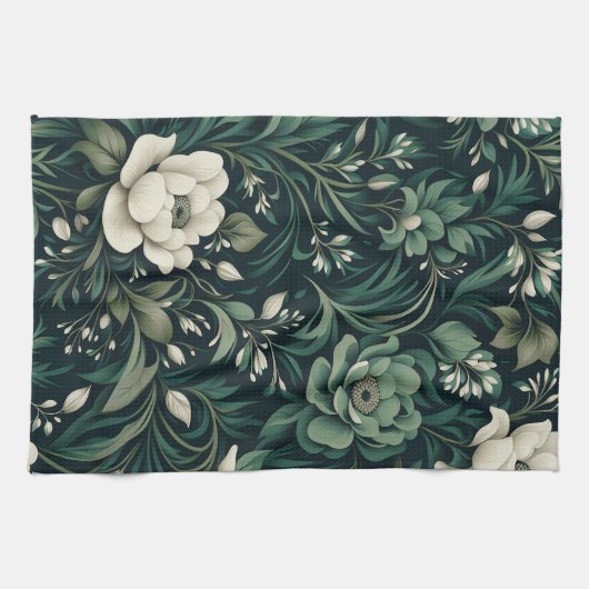 ダークエメラルドグリーンフローラ キッチンタオル (横)