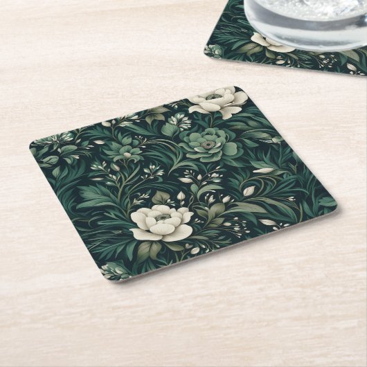 ダークエメラルドグリーンフローラ スクエアペーパーコースター (アングル)