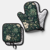 ダークエメラルドグリーンフローラ 鍋つかみ&鍋敷きセット (正面/裏面)