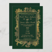 ダークエメラルドグリーン&金ゴールドエレガントフローラ結婚ズ 招待状 (正面/裏面)
