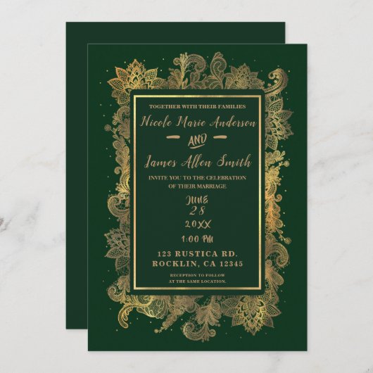 ダークエメラルドグリーン&金ゴールドエレガントフローラ結婚ズ 招待状 (正面/裏面)