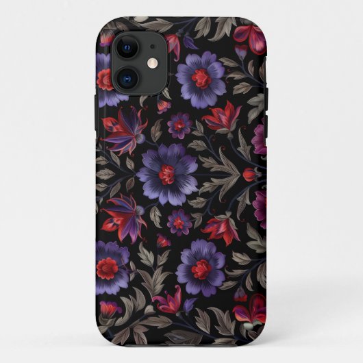 ダークエレガンス：黒と紫のフローラルパターン Case-Mate iPhoneケース (裏面)