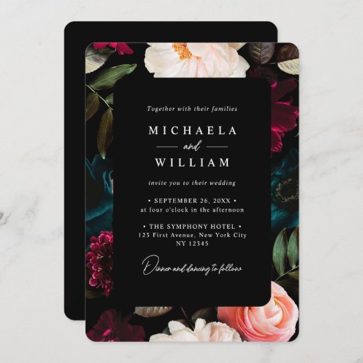 ダークエレガントとムーディモダンフローラ結婚の 招待状 (正面/裏面)