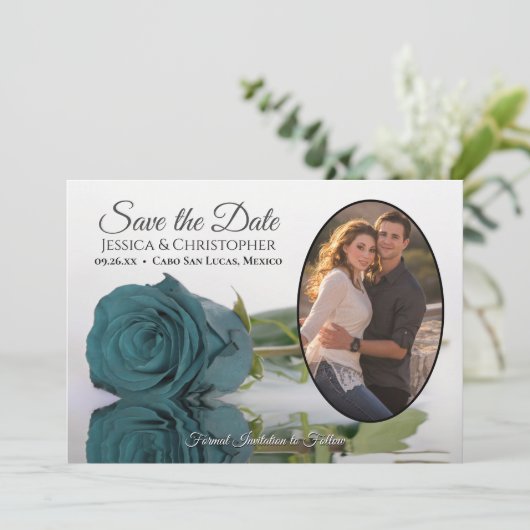 ダークエレガントアクアティール(緑がかった色)バラオーバルフォト結婚ズ セーブザデート (スタンド正面)