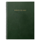 ダークエレガントグリーンレザーと金ゴールドスクリプト名 ノートブック (正面)