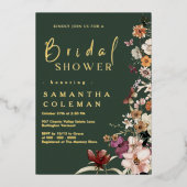 ダークエレガントグリーンワイルドフラワーボホブライダルシャワー 箔招待状 (正面)