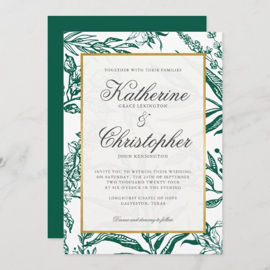 ダークエレガントグリーン金ゴールド結婚植物学 招待状 (正面/裏面)
