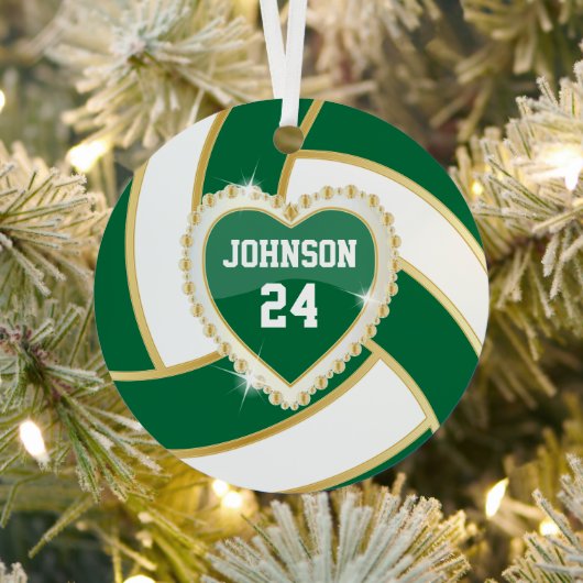 ダークエレガントグリーン、ホワイト、および金ゴールドバレーボール メタルオーナメント (インサイチュ)