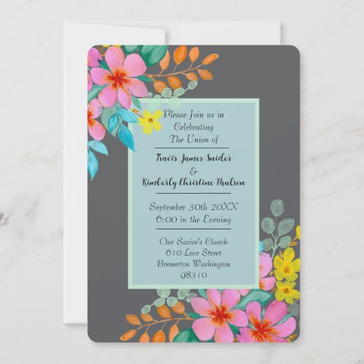 ダークエレガントグレイの水の色の花模様 招待状 (裏面)