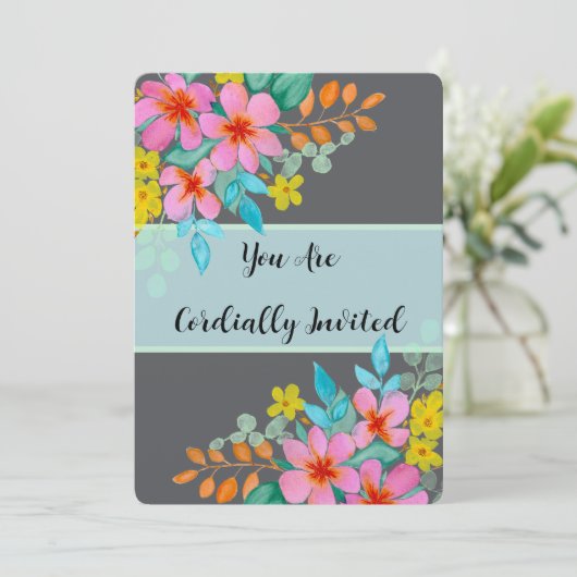 ダークエレガントグレイの水の色の花模様 招待状 (スタンド正面)