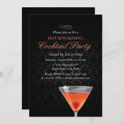 ダークエレガントダマスク引っ越し祝いパーティーカクテルパーティー 招待状 (正面/裏面)